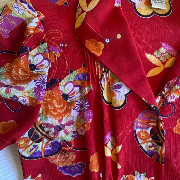 Vtg Michele Michelle Short Sleeve Blouse Sz Med Red Boho Colorful Office Pleated - Picture 7 of 11